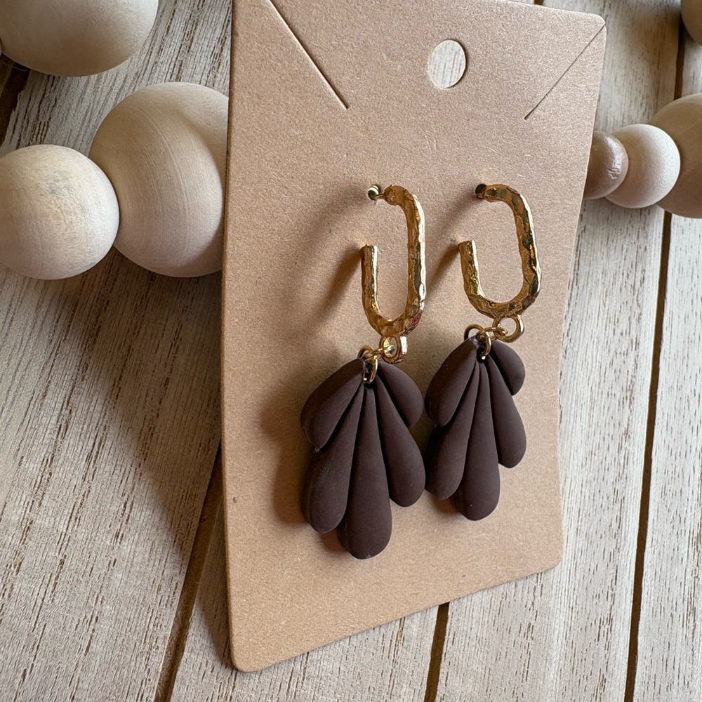 Handmade Brown Petal Earrings with Gold Hoops | Trendy Boho Statement Jewelry